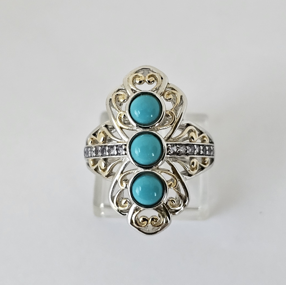 Sleeping Beauty Turquoise & White Zircon Ring In Sterling Silver & 18k Size 8